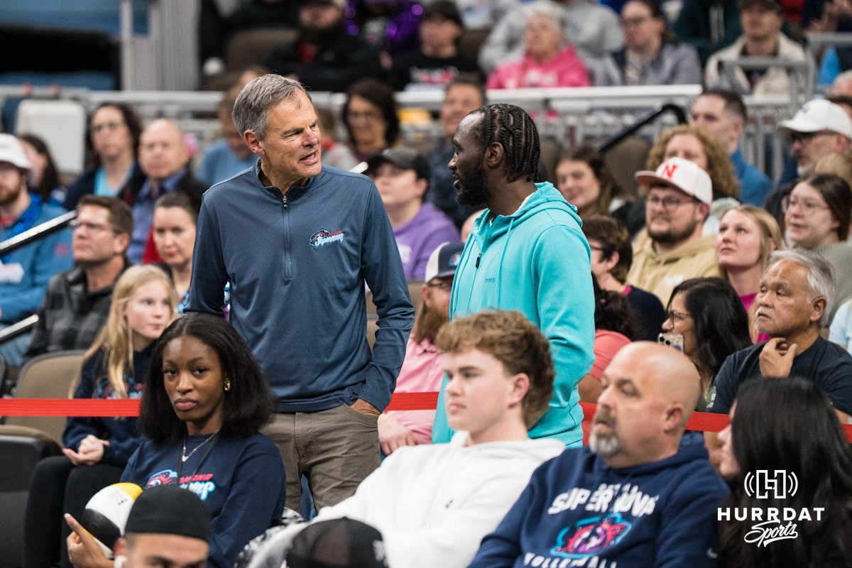 John Cook and Terence Bud Crawford talk during a professional volleyball match against the San Diego Mojo on Jan 8, 2026 in Omaha, Nebraska. Photo by Brandon Tiedemann