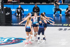 Omaha Supernovas celebrate an ace against the San Diego Mojo. The Supernovas tied last year's season high with seven aces. Photo by Brandon Tiedemann