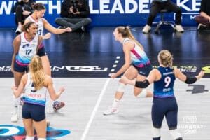 Omaha Supernovas Janice Leao (17) celebrates a block during a professional volleyball match against the San Diego Mojo on Jan 8, 2026 in Omaha, Nebraska. Photo by Brandon Tiedemann