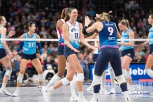 Omaha Supernovas Sarah Parsons celebrates a kill against the San Diego Mojo. Parsons set a franchise record with 17 kills and 21 points. Photo by Brandon Tiedemann