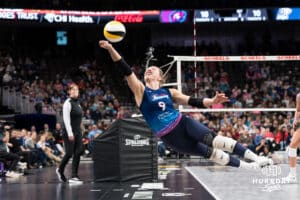 Omaha Supernovas Morgan Hentz (9) dives for the ball during a professional volleyball match against the San Diego Mojo on Jan 8, 2026 in Omaha, Nebraska. Photo by Brandon Tiedemann