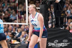 Omaha Supernovas Elise Goetzinger (23) celebrates a successful block during a professional volleyball match against the San Diego Mojo on Jan 8, 2026 in Omaha, Nebraska. Photo by Brandon Tiedemann