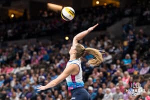 Omaha Supernovas Sydney Hilley (2) serves during a professional volleyball match against the San Diego Mojo on Jan 8, 2026 in Omaha, Nebraska. Photo by Brandon Tiedemann