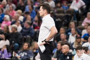 Omaha Supernovas head coach Luka Slabe stands on the sideline during a professional volleyball match against the San Diego Mojo on Jan 8, 2026 in Omaha, Nebraska. Photo by Brandon Tiedemann