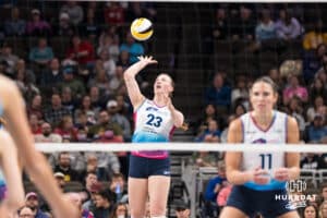 Omaha Supernovas Elise Goetzinger (23) serves during a professional volleyball match against the San Diego Mojo on Jan 8, 2026 in Omaha, Nebraska. Photo by Brandon Tiedemann