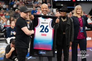 Omaha mayor John Ewing receives his own jersey during a professional volleyball match against the San Diego Mojo on Jan 8, 2026 in Omaha, Nebraska. Photo by Brandon Tiedemann