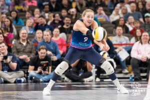 Omaha Supernovas libero Morgan Hentz passes the serve against San Diego. She finished with 11 digs. Photo by Brandon Tiedemann
