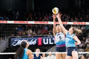Omaha Supernovas Brooke Nuneviller (5) blocks a tip during a professional volleyball match against the San Diego Mojo on Jan 8, 2026 in Omaha, Nebraska. Photo by Brandon Tiedemann
