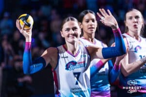 Omaha Supernovas Norah TeBrake (7) gets introduced during a professional volleyball match against the San Diego Mojo on Jan 8, 2026 in Omaha, Nebraska. Photo by Brandon Tiedemann