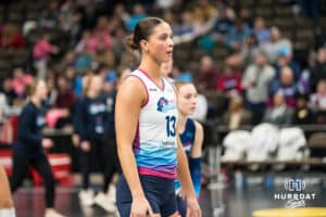 Omaha Supernovas Merritt Beason (13) warms up before a professional volleyball match against the San Diego Mojo on Jan 8, 2026 in Omaha, Nebraska. Photo by Brandon Tiedemann