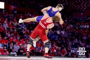 At 197, #12 Nebraska's Camden McDanel throws Northern Iowa's John Gunderson during a college wrestling match on Saturday, Jan. 3, 2026, in Lincoln, Nebraska. McDanel wins by decision 7-3. Photo by John S. Peterson.