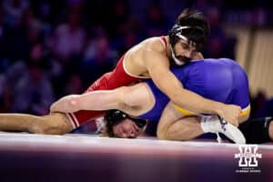 At 184, #9 Nebraska's Silas Allred works on breaking down Northern Iowa's Nick Fox during a college wrestling match on Saturday, Jan. 3, 2026, in Lincoln, Nebraska. Allred wins by decision, 5-1. Photo by John S. Peterson.