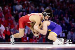 At 184, #9 Nebraska's Silas Allred works on getting a takedown against Northern Iowa's Nick Fox during a college wrestling match on Saturday, Jan. 3, 2026, in Lincoln, Nebraska. Allred wins by decision, 5-1. Photo by John S. Peterson.