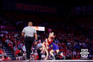At 165, #7 Nebraska's Lj Araujo gets thrown by #11 Northern Iowa's Ryder Downey during a college wrestling match on Saturday, Jan. 3, 2026, in Lincoln, Nebraska. Araujo loses to Downey by decision 3-0.Photo by John S. Peterson.