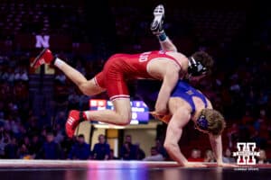 At 165, #7 Nebraska's Lj Araujo throws #11 Northern Iowa's Ryder Downey during a college wrestling match on Saturday, Jan. 3, 2026, in Lincoln, Nebraska. Araujo loses to Downey by decision 3-0.Photo by John S. Peterson.