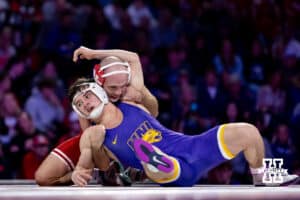 At 141, #3 Nebraska's Brock Hardy has control of #11 Northern Iowa's Cory Land during a college wrestling match on Saturday, Jan. 3, 2026, in Lincoln, Nebraska. Photo by John S. Peterson.