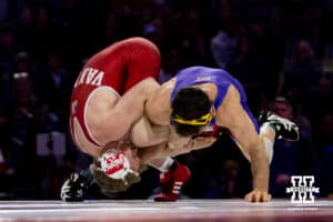 At 133, #8 Nebraska Cornhusker Jacob Van Dee takes on #26 Julian Farber, 5-0, during a college wrestling match on Saturday, Jan. 3, 2026, in Lincoln, Nebraska. Photo by John S. Peterson.