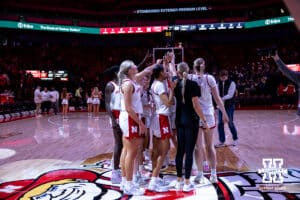 Nebraska Cornhuskers huddle after win over the Purdue Boilermakers during a college women’s basketball game on Sunday, Jan. 4, 2026, in Lincoln, Nebraska. Photo by John S. Peterson.