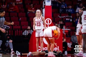 Nebraska Cornhusker guard Britt Prince (23) reacts to a foul against the Purdue Boilermakers during a college women’s basketball game on Sunday, Jan. 4, 2026, in Lincoln, Nebraska. Photo by John S. Peterson.