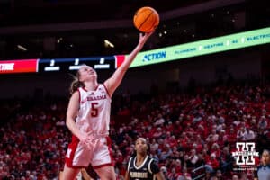 Nebraska Cornhusker guard Claire Johnson (5) makes a lay up against the Purdue Boilermakers during a college women’s basketball game on Sunday, Jan. 4, 2026, in Lincoln, Nebraska. Photo by John S. Peterson.