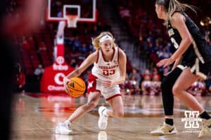 Nebraska Cornhusker guard Britt Prince (23) cuts back dribbling against Purdue Boilermaker guard Kiki Smith (23) during a college women’s basketball game on Sunday, Jan. 4, 2026, in Lincoln, Nebraska. Photo by John S. Peterson.