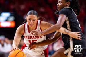 Nebraska Cornhusker guard Kennadi Williams (15) drive to the basket against the Purdue Boilermakers during a college women’s basketball game on Sunday, Jan. 4, 2026, in Lincoln, Nebraska. Photo by John S. Peterson.