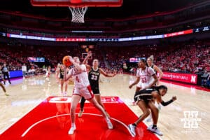 Nebraska Cornhusker forward Petra Bozan (4) makes a lay up against Purdue Boilermaker guard Madison Layden-Zay (33) during a college women’s basketball game on Sunday, Jan. 4, 2026, in Lincoln, Nebraska. Photo by John S. Peterson.