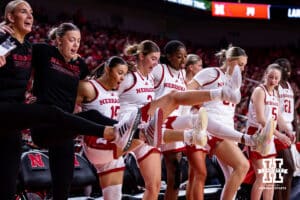 Nebraska Cornhuskers bench mob celebrates a basketb against the Purdue Boilermakers during a college women’s basketball game on Sunday, Jan. 4, 2026, in Lincoln, Nebraska. Photo by John S. Peterson.
