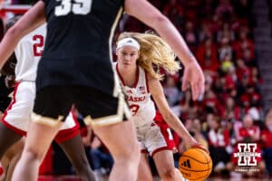Nebraska Cornhusker guard Britt Prince (23) dribbles the ball against the Purdue Boilermakers during a college women’s basketball game on Sunday, Jan. 4, 2026, in Lincoln, Nebraska. Photo by John S. Peterson.