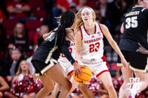 Nebraska Cornhusker guard Britt Prince (23) guards Purdue Boilermaker guard Tara Daye (44) during a college women’s basketball game on Sunday, Jan. 4, 2026, in Lincoln, Nebraska. Photo by John S. Peterson.