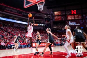 Nebraska Cornhusker forward Eliza Maupin (21) makes a lay up against the Purdue Boilermakers during a college women’s basketball game on Sunday, Jan. 4, 2026, in Lincoln, Nebraska. Photo by John S. Peterson.