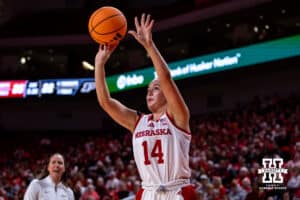 a three-point shot against the Purdue Boilermakers during a college women’s basketball game on Sunday, Jan. 4, 2026, in Lincoln, Nebraska. Photo by John S. Peterson.