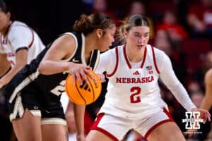 Nebraska Cornhusker guard Logan Nissley (2) guards Purdue Boilermaker forward Kendall Puryear (22) during a college women’s basketball game on Sunday, Jan. 4, 2026, in Lincoln, Nebraska. Photo by John S. Peterson.