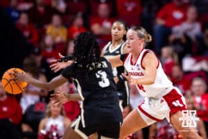 Nebraska Cornhusker guard Callin Hake (14) guards Purdue Boilermaker guard Nya Smith (3) during a college women’s basketball game on Sunday, Jan. 4, 2026, in Lincoln, Nebraska. Photo by John S. Peterson.