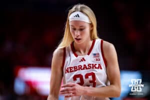 Nebraska Cornhusker guard Britt Prince (23) dribbles the ball for a free throw against the Purdue Boilermakers during a college women’s basketball game on Sunday, Jan. 4, 2026, in Lincoln, Nebraska. Photo by John S. Peterson.