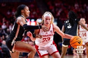 Nebraska Cornhusker guard Britt Prince (23) drives to the basket Purdue Boilermaker guard Tara Daye (44) during a college women’s basketball game on Sunday, Jan. 4, 2026, in Lincoln, Nebraska. Photo by John S. Peterson.