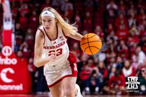 Nebraska Cornhusker guard Britt Prince (23) drives to the lane against the Purdue Boilermakers in the first quarter during a college women’s basketball game on Sunday, Jan. 4, 2026, in Lincoln, Nebraska. Photo by John S. Peterson.