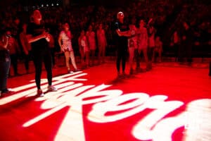 Nebraska Cornhuskers watching the hype video before introductions against the Purdue Boilermakers during a college women’s basketball game on Sunday, Jan. 4, 2026, in Lincoln, Nebraska. Photo by John S. Peterson.