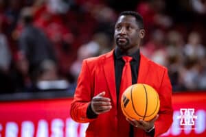 Nebraska Cornhuskers assistant coach Julian Assibey watching warm-ups against the Purdue Boilermakers during a college women’s basketball game on Sunday, Jan. 4, 2026, in Lincoln, Nebraska. Photo by John S. Peterson.