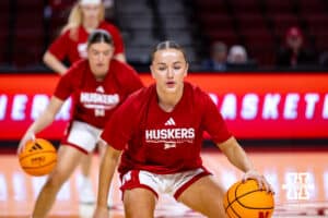 Nebraska Cornhusker guard Callin Hake (14) warms up doing dribbling drills against the Purdue Boilermakers during a college women’s basketball game on Sunday, Jan. 4, 2026, in Lincoln, Nebraska. Photo by John S. Peterson.