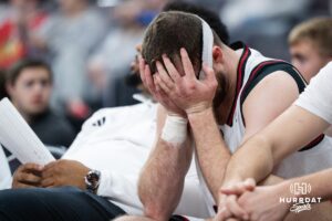 Omaha Maverick Tony Osburn (32) sits on the bench upset during a basketball game against Kansas City on Saturday, Jan 3, 2026, in Omaha, Nebraska. Photo by Brandon Tiedemann.