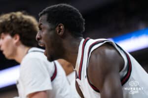 Omaha Maverick Valentino Simon (21) cheers on the sidelines during a basketball game against Kansas City on Saturday, Jan 3, 2026, in Omaha, Nebraska. Photo by Brandon Tiedemann.