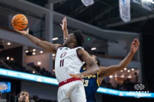 Omaha Maverick Paul Djobet (11) shoots a lay up during a basketball game against Kansas City on Saturday, Jan 3, 2026, in Omaha, Nebraska. Photo by Brandon Tiedemann.
