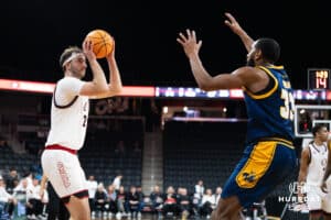 Omaha Maverick Julian Margrave (2) shoots a three pointer during a basketball game against Kansas City on Saturday, Jan 3, 2026, in Omaha, Nebraska. Photo by Brandon Tiedemann.