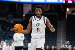 Omaha Maverick Paul Djobet (11) calls out a play during a basketball game against Kansas City on Saturday, Jan 3, 2026, in Omaha, Nebraska. Photo by Brandon Tiedemann.
