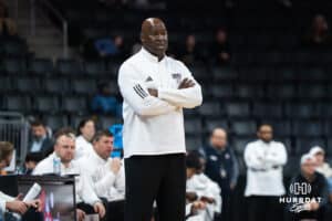 Omaha Maverick head coach Chris Crutchfield stands on the sidelines during a basketball game against Kansas City on Saturday, Jan 3, 2026, in Omaha, Nebraska. Photo by Brandon Tiedemann.