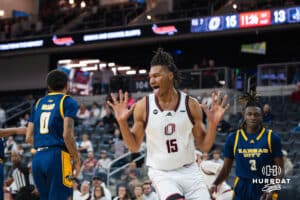 Omaha Maverick Christian Richardson (15) celebrates a dunk during a basketball game against Kansas City on Saturday, Jan 3, 2026, in Omaha, Nebraska. Photo by Brandon Tiedemann.