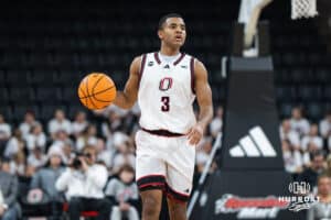Omaha Maverick Grant Stubblefield (3) takes the ball up court during a basketball game against Kansas City on Saturday, Jan 3, 2026, in Omaha, Nebraska. Photo by Brandon Tiedemann.