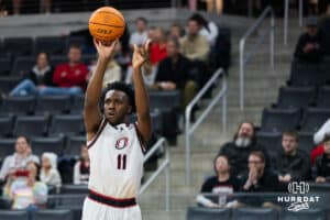 Omaha Maverick Paul Djobet (11) shoots a three pointer during a basketball game against Kansas City on Saturday, Jan 3, 2026, in Omaha, Nebraska. Photo by Brandon Tiedemann.