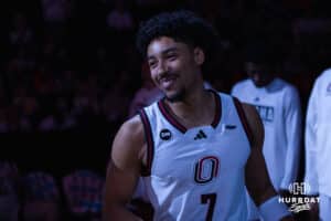 Omaha Maverick Lance Waddles (7) gets introduced during a basketball game against Kansas City on Saturday, Jan 3, 2026, in Omaha, Nebraska. Photo by Brandon Tiedemann.